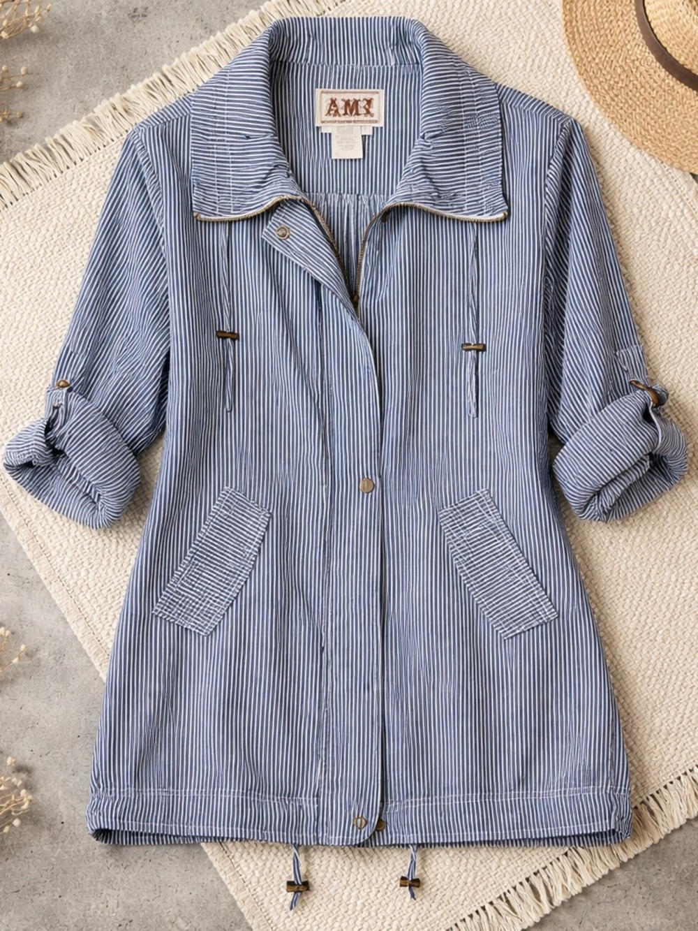 AMX Women's Blue & White Striped  Utility Jacket Size LG Costal Cottagecore